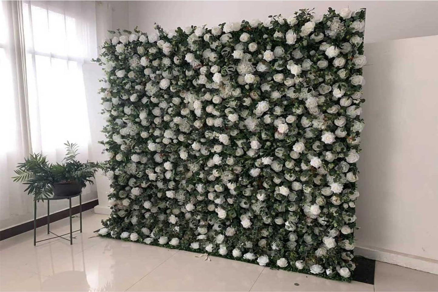 Luxury wedding flower wall backdrop with realistic flowers for timeless décor