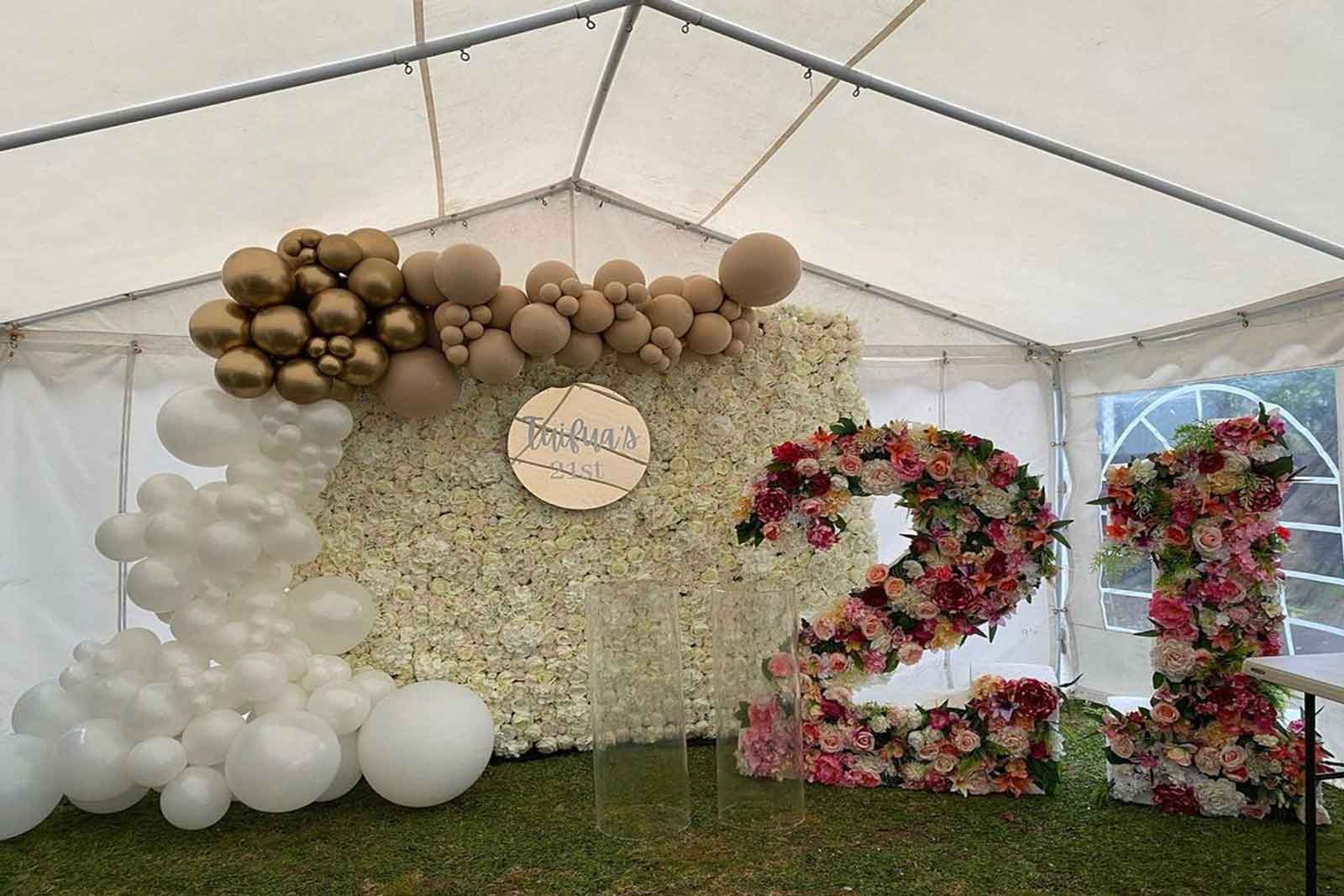 Modern white flower wall backdrop for birthday party décor