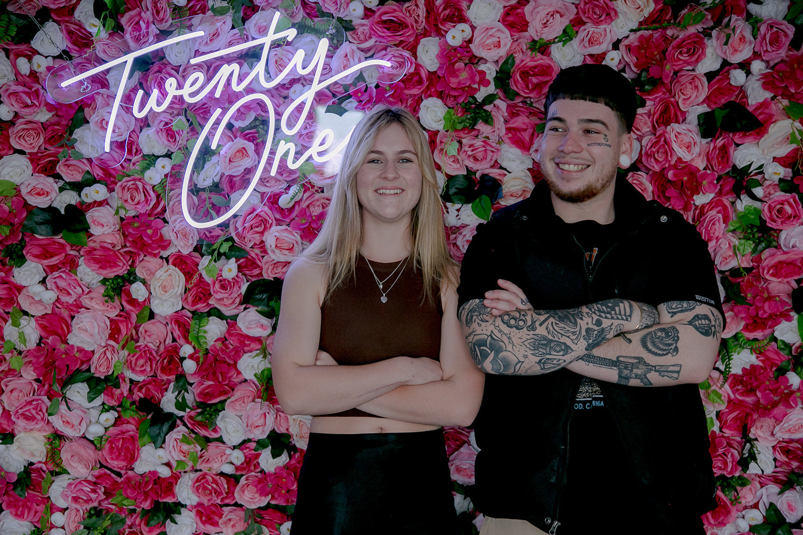 Modern pink and white flower wall for twenty one birthdays
