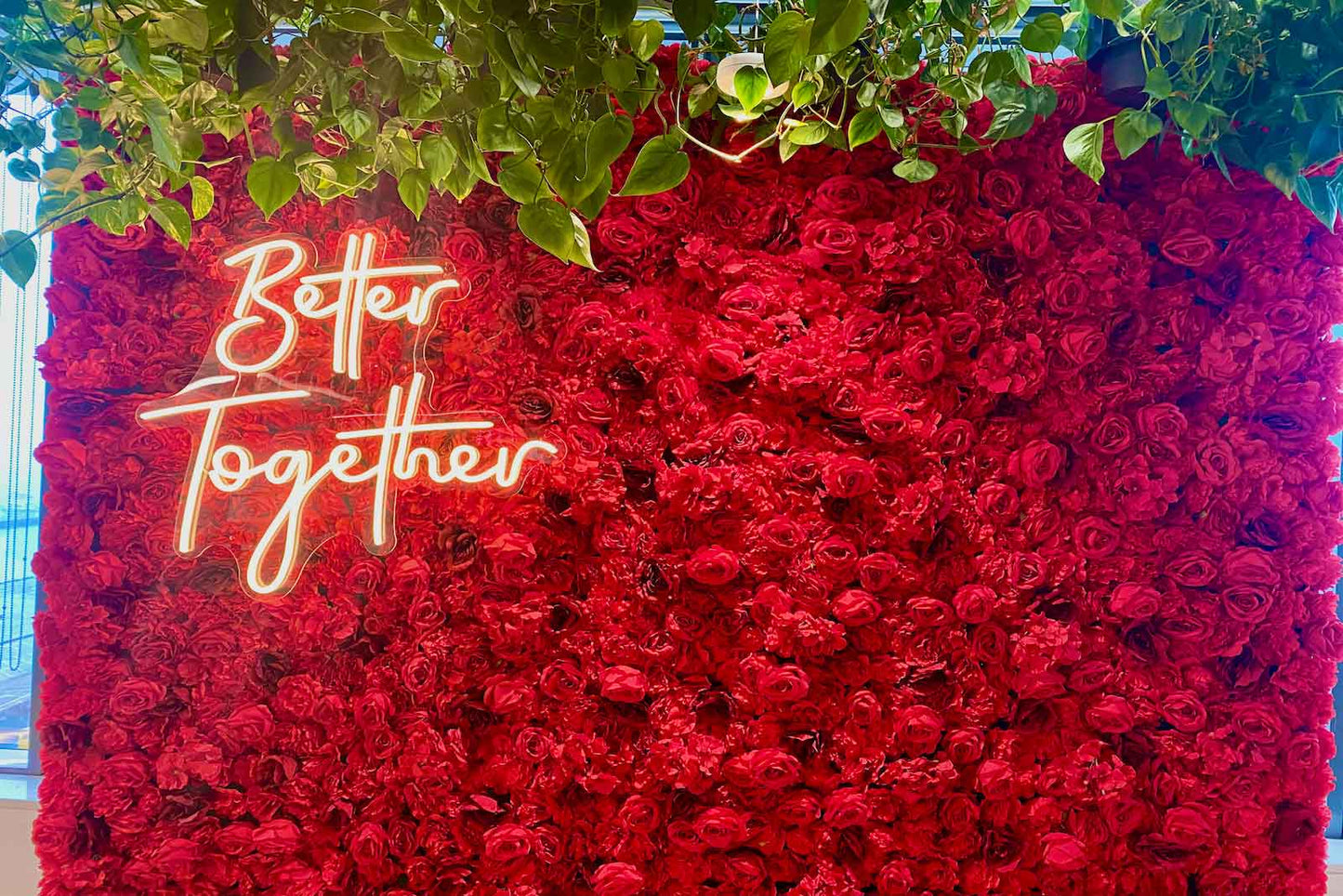 Red flower wall backdrop with “Better Together” neon sign for weddings, engagements, and romantic celebrations in Auckland NZ